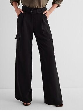Express Black High-Waist Wide-Leg Cargo Utility Pants with Belt Size 10R